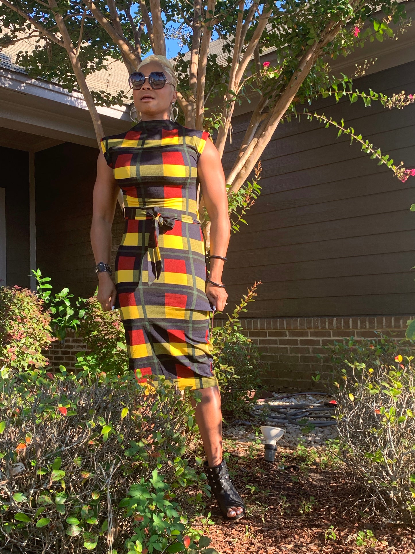 Plaid MIDI Bodycon Dress with belt