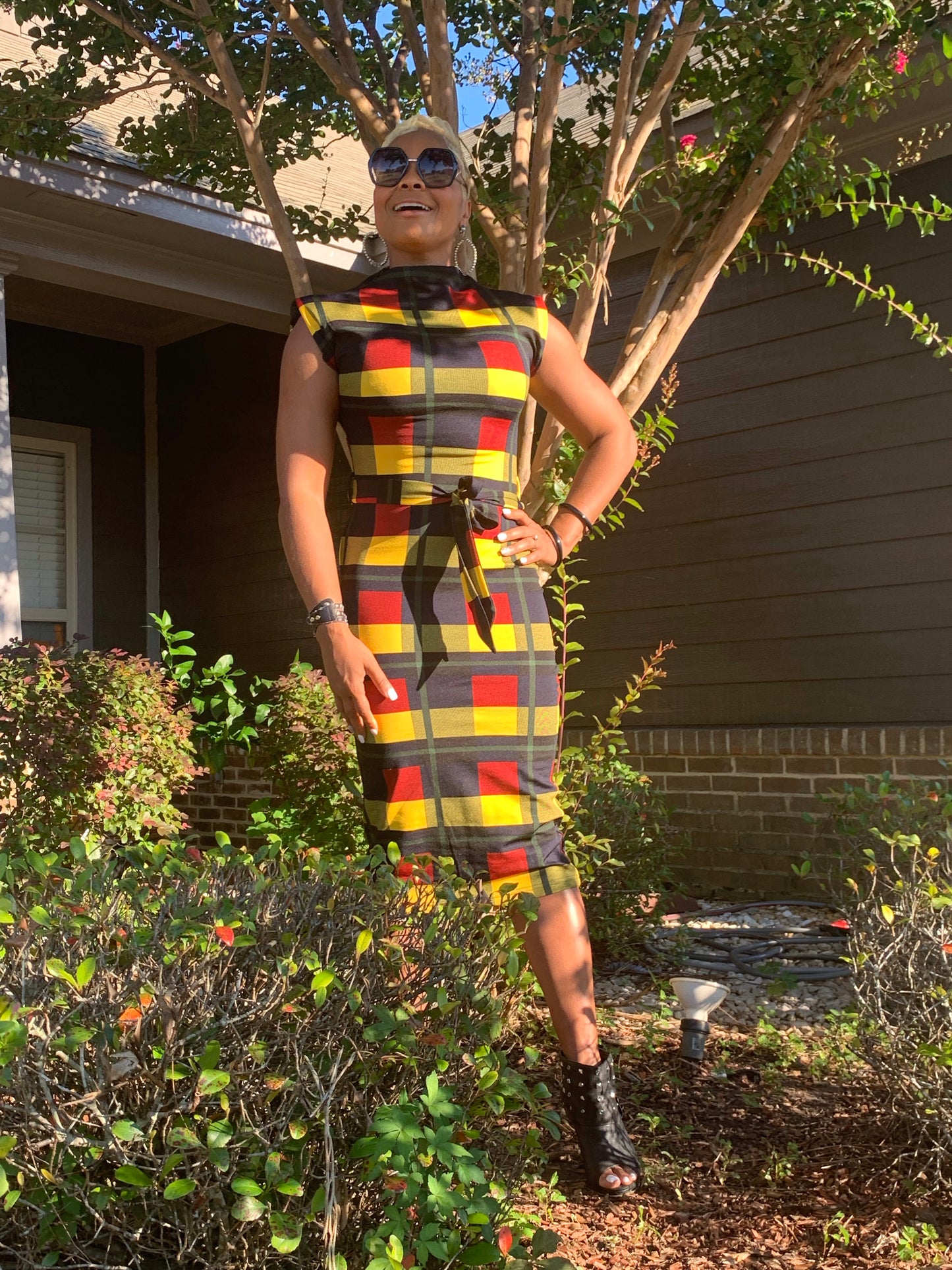 Plaid MIDI Bodycon Dress with belt
