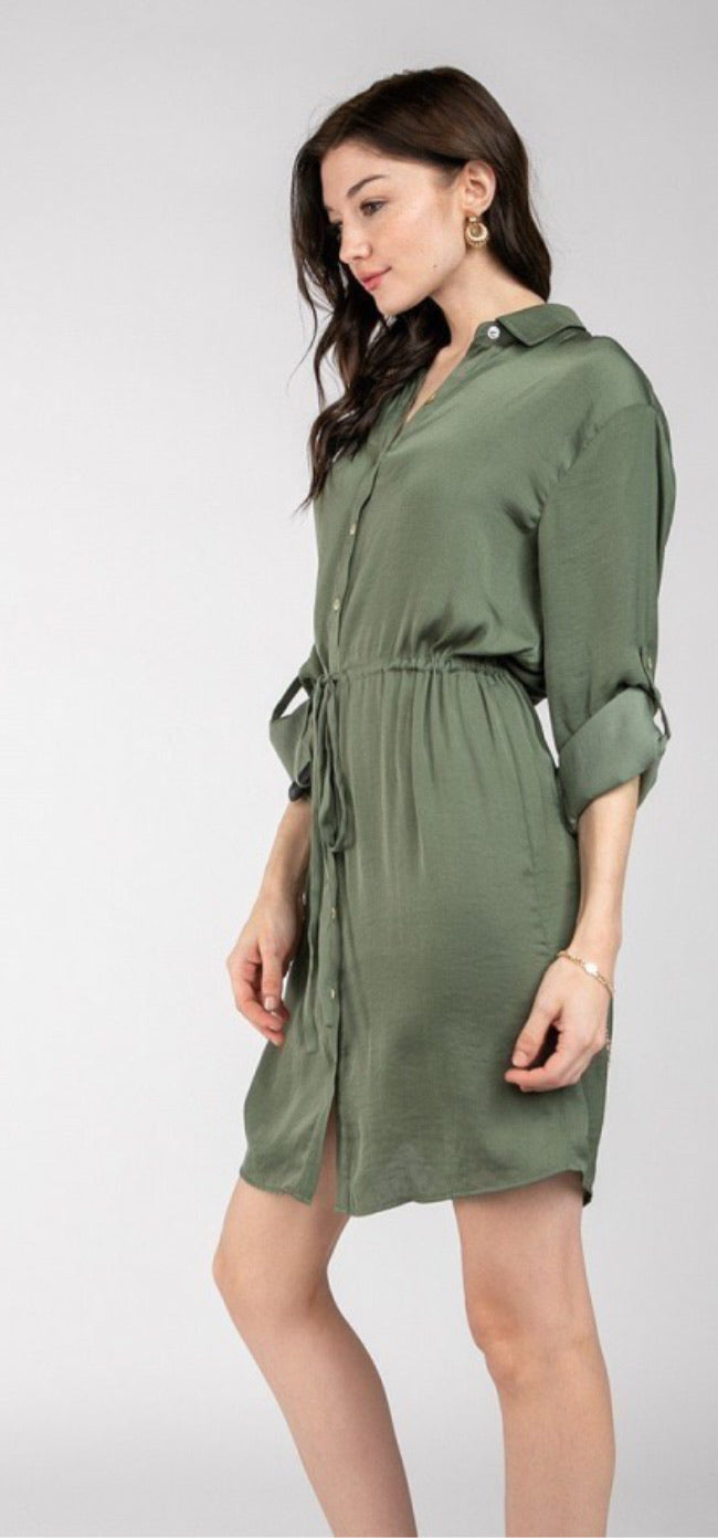 Long Sleeve Shirt Dress with Drawstring waist