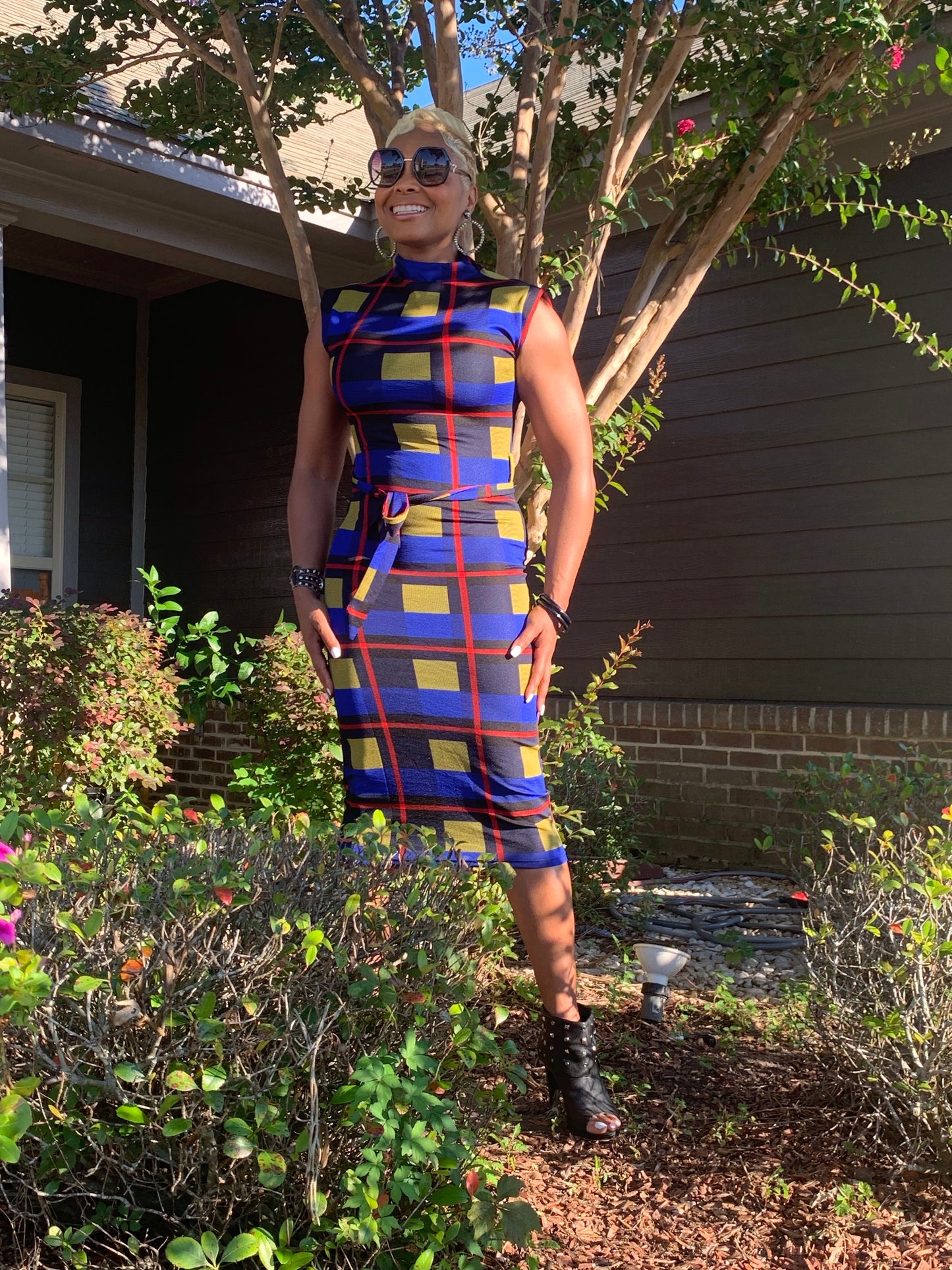 Plaid MIDI Bodycon Dress with belt