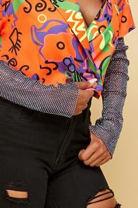 Graffiti Print Rhinestone Sleeve Crop Jacket