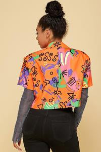 Graffiti Print Rhinestone Sleeve Crop Jacket