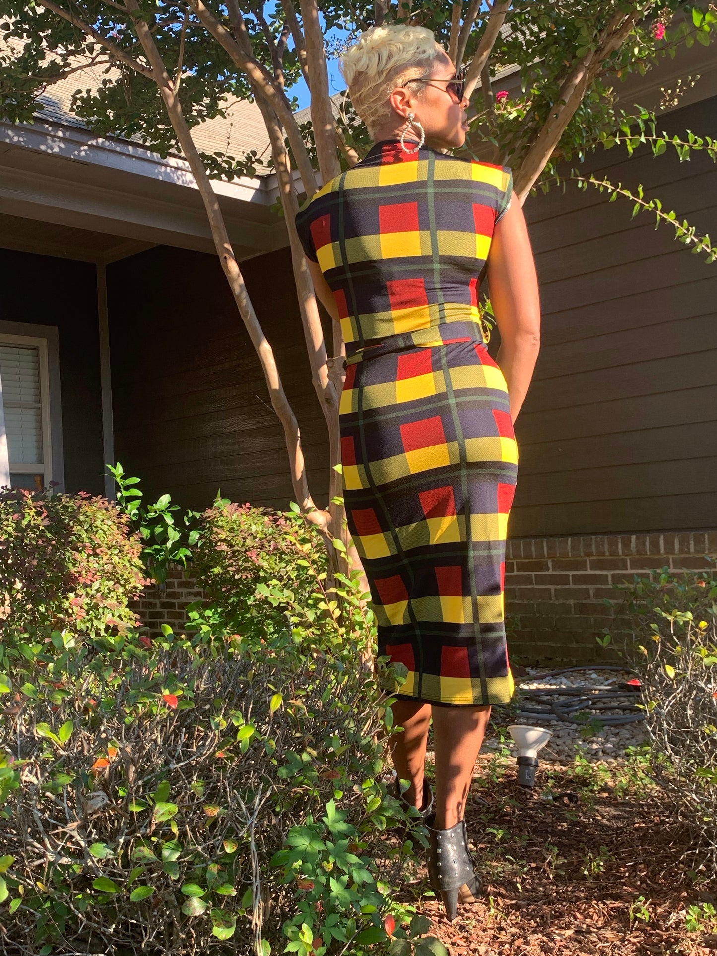 Plaid MIDI Bodycon Dress with belt