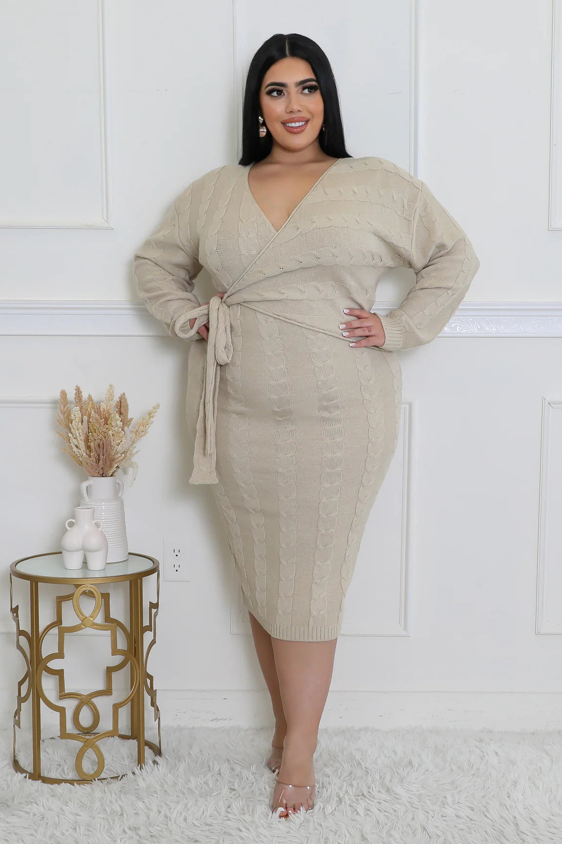 knit wrap dress Salomez Midi in Medium Heather Grey making it ideal for parties or vacations Signature | Silky Knit Wrap
