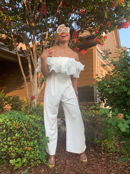 Ruffle my feathers! White ankle crop jumpsuit