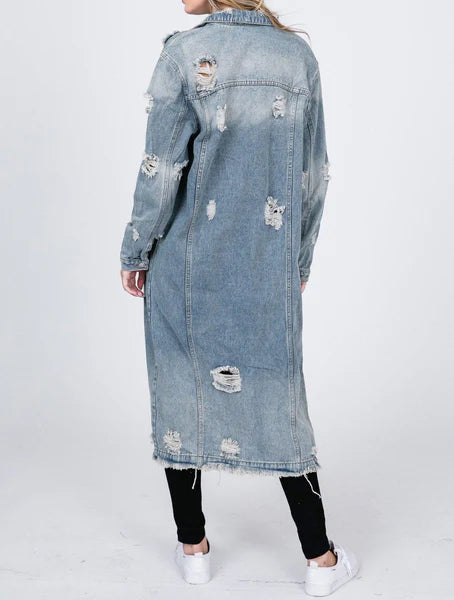 Distressed out Denim Long Jacket
