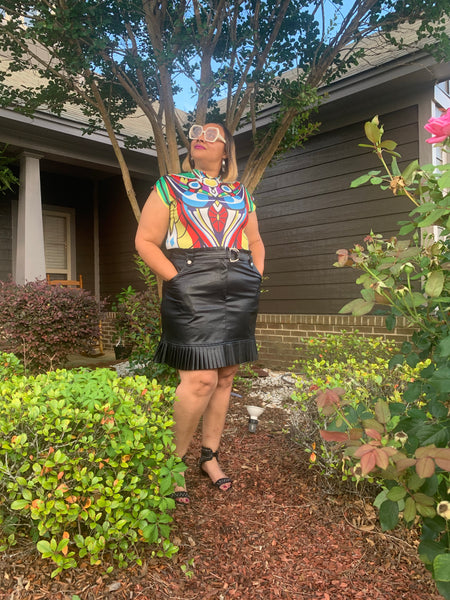 Curvy Girl PU Leather Pleated Belted Skirt