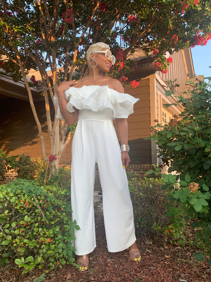 Ruffle my feathers! White ankle crop jumpsuit