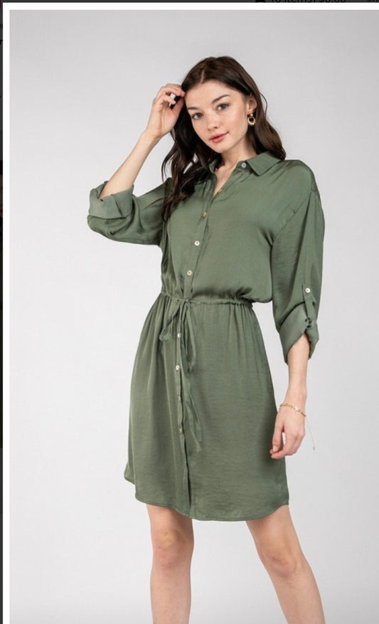 Long Sleeve Shirt Dress with Drawstring waist