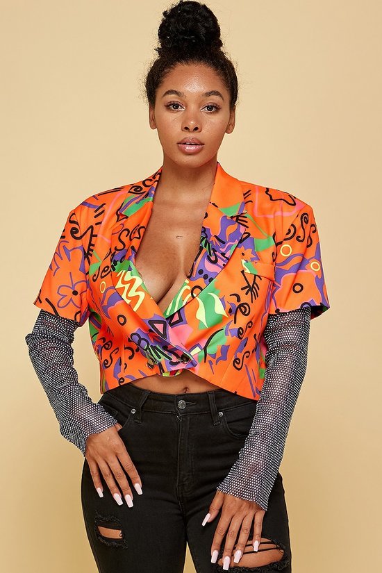 Graffiti Print Rhinestone Sleeve Crop Jacket