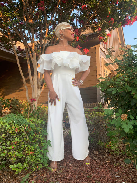 Ruffle my feathers! White ankle crop jumpsuit