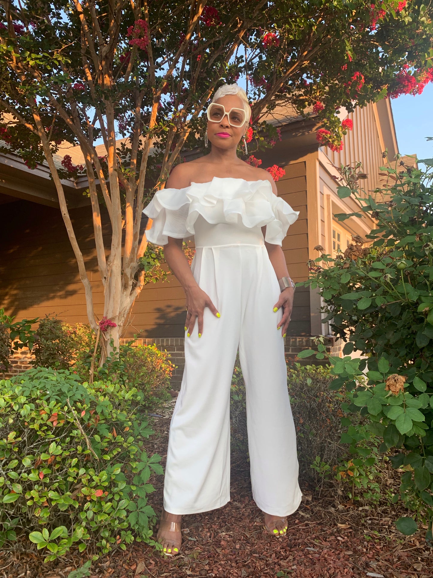 Ruffle my feathers! White ankle crop jumpsuit