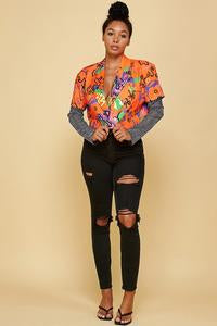 Graffiti Print Rhinestone Sleeve Crop Jacket